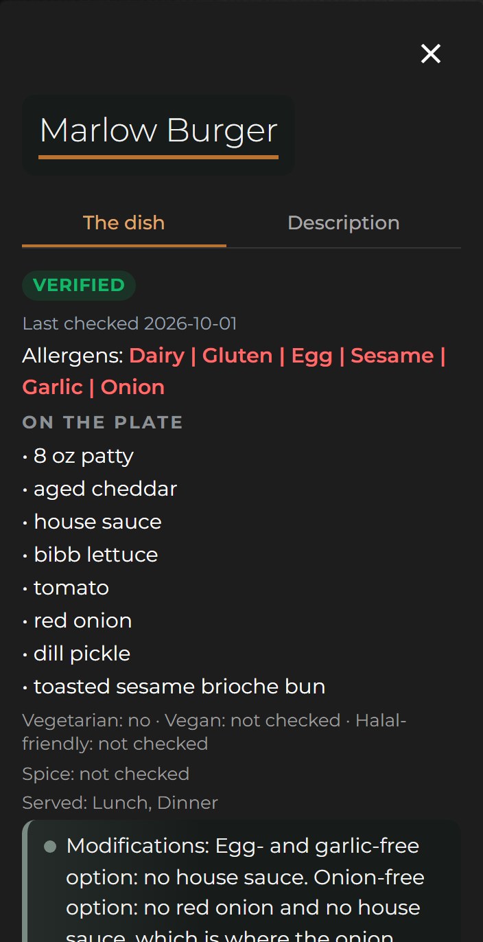 A dish card: verified badge, allergens and what is on the plate.